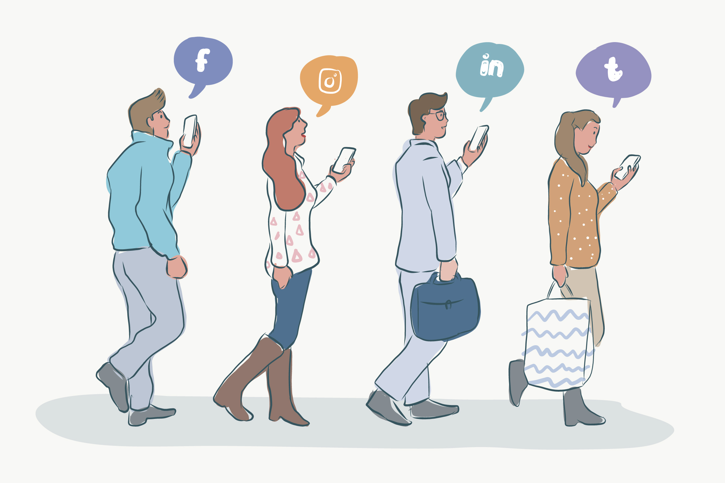 Four people using social media on their phones